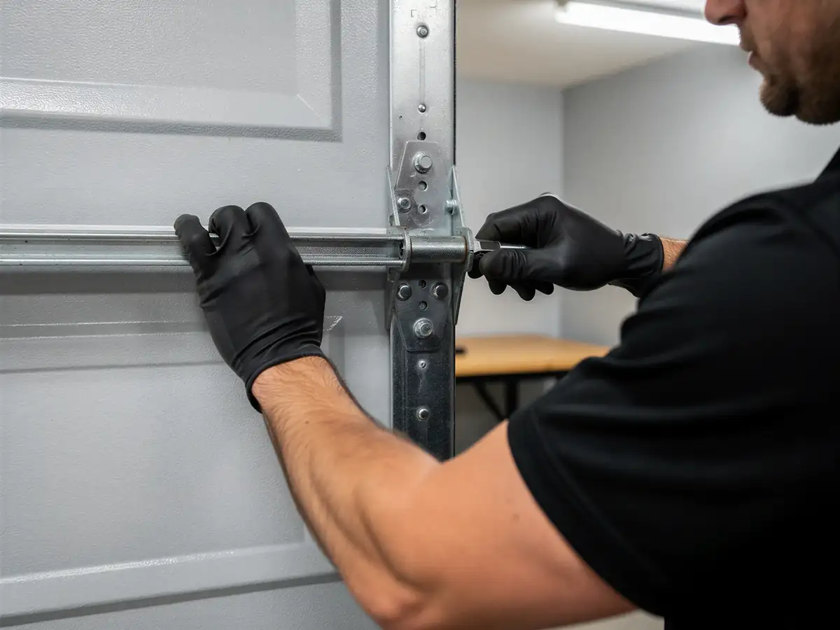 A technician in black gloves adjusts a garage door roller and track.