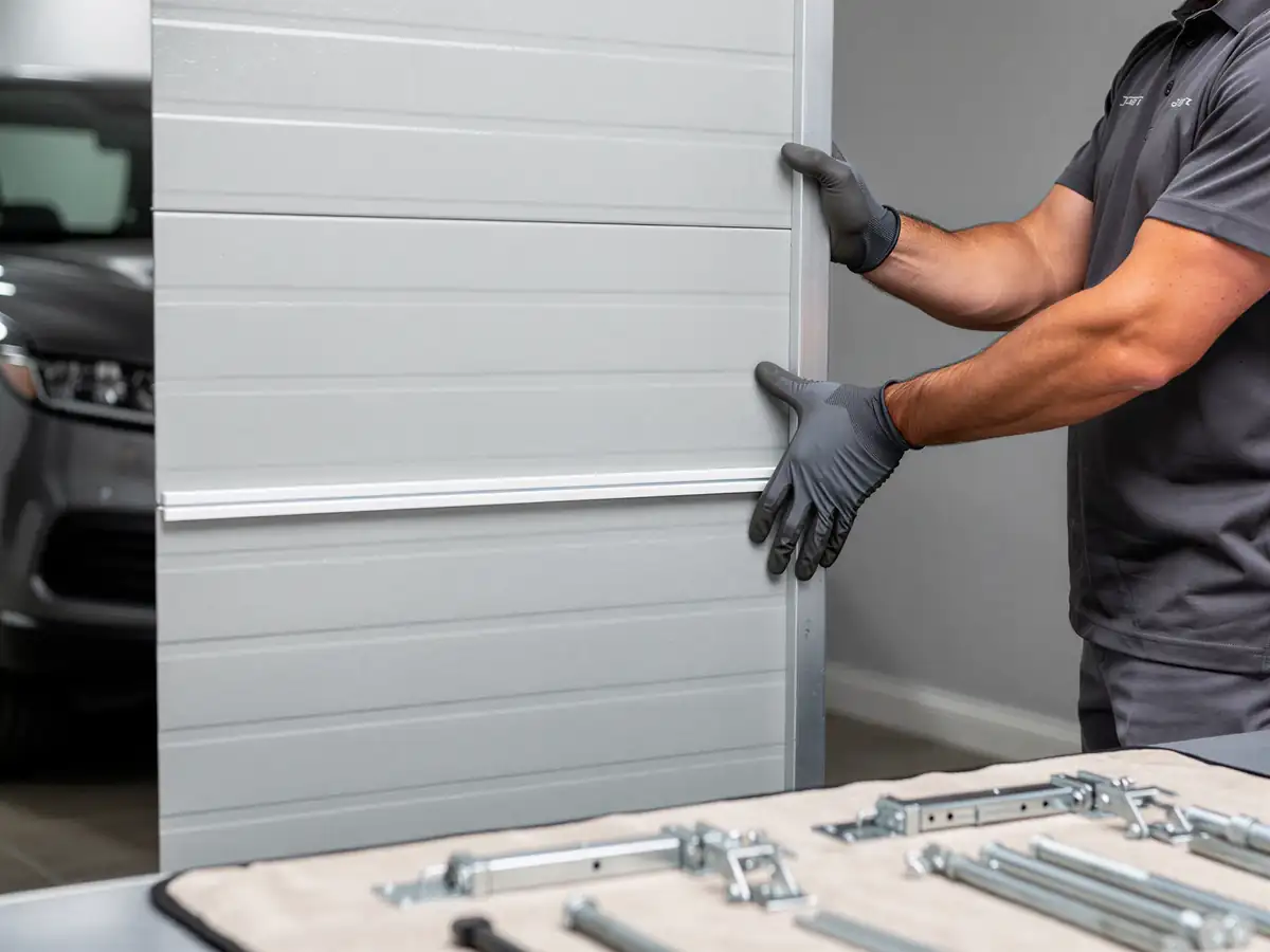 A technician in gloves installs a gray garage door panel next to a car.
